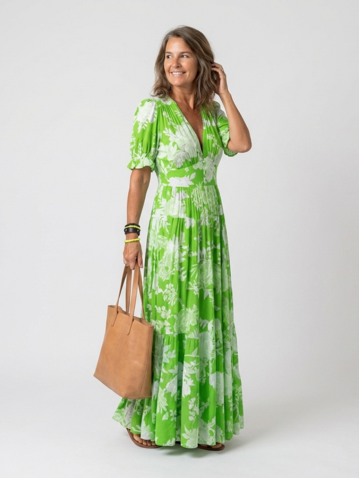 Ione | Vestito midi a fiori con scollo a V e maniche corte