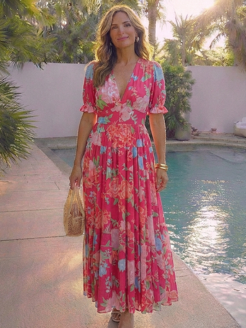 Ione | Vestito midi a fiori con scollo a V e maniche corte