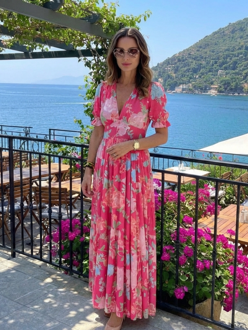 Ione | Vestito midi a fiori con scollo a V e maniche corte