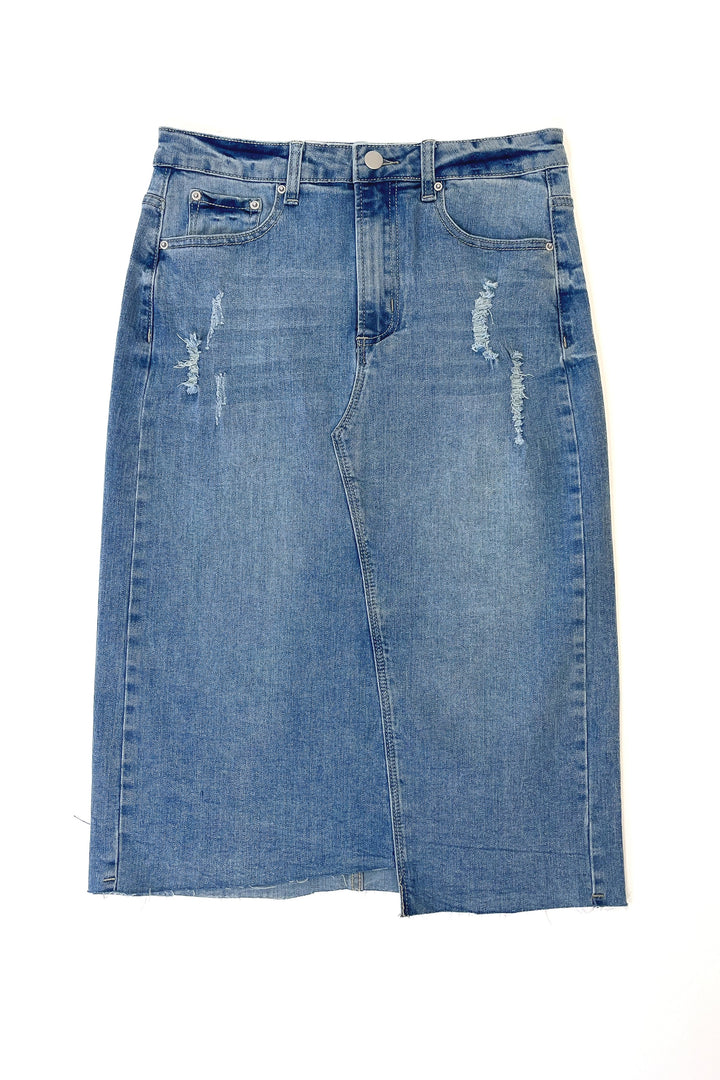 The Presley Distressed Denim Skirt in Md. Wash (FINAL SALE)