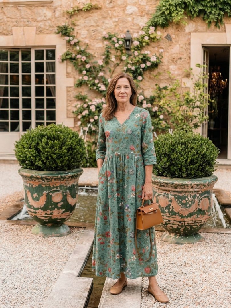 Marina | Maxi abito floreale con scollo a V e maniche a tre quarti