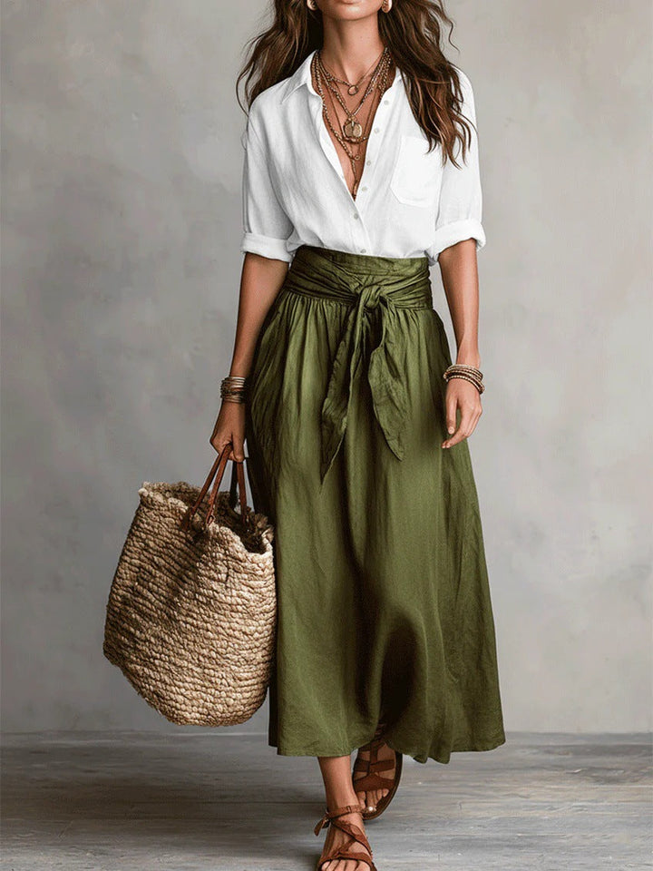 Vera – Completo due pezzi: top nero e gonna midi verde oliva