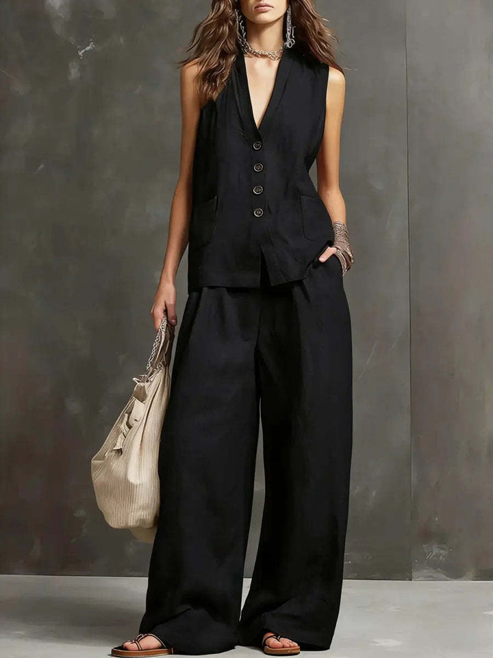 Two-Piece Cotton and Linen Set with Sleeveless Vest and Wide-Leg Trousers