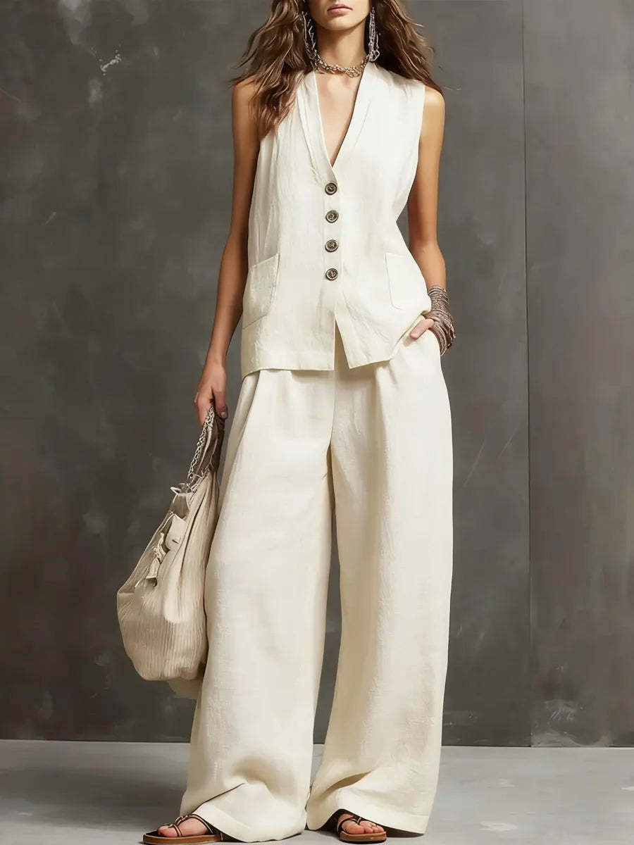 Two-Piece Cotton and Linen Set with Sleeveless Vest and Wide-Leg Trousers