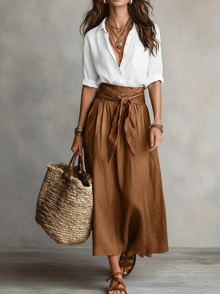 Vera – Completo due pezzi: top nero e gonna midi verde oliva