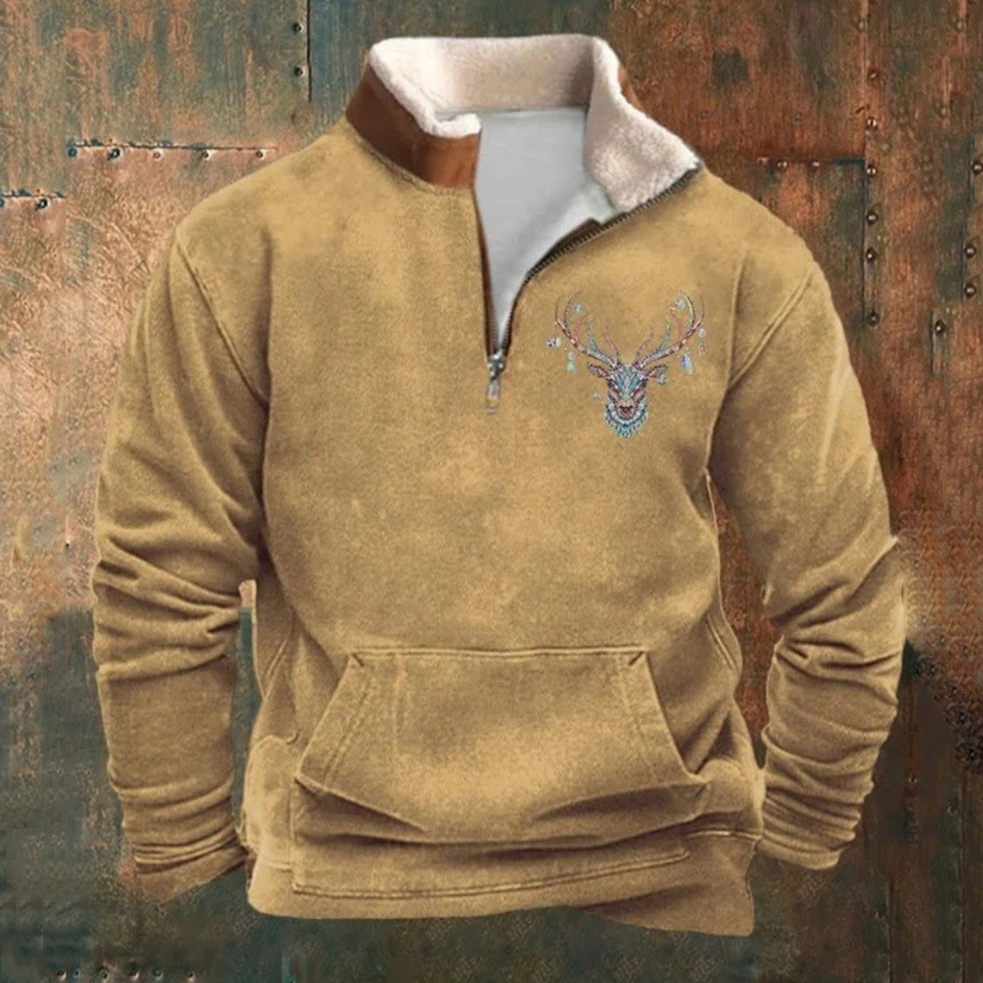 Peter | Felpa mezza zip con motivo cervo oliva