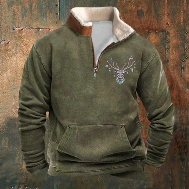 Peter | Felpa mezza zip con motivo cervo oliva