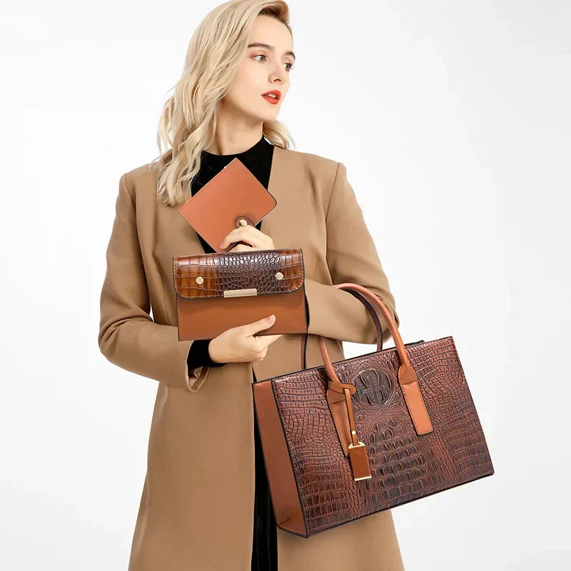 Elegante set di borse con stampa coccodrillo, portafoglio e pochette