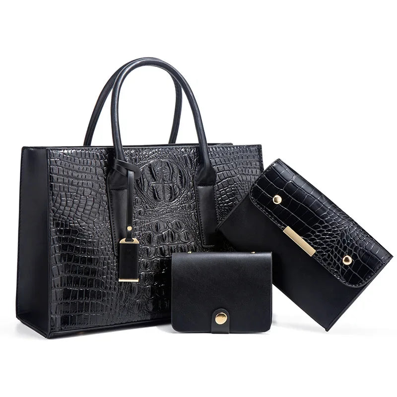Elegante set di borse con stampa coccodrillo, portafoglio e pochette