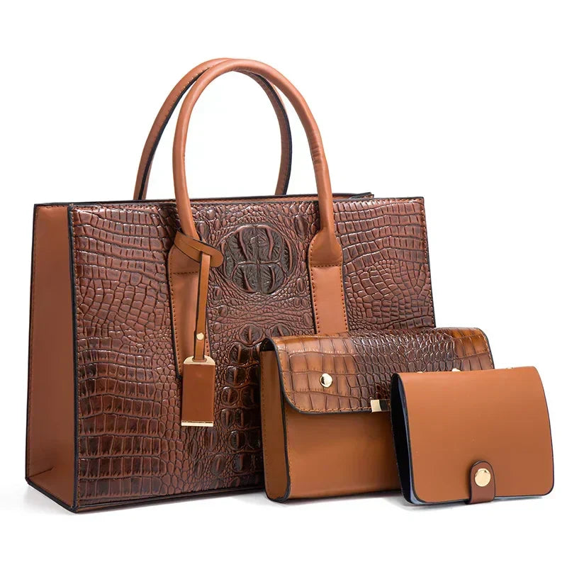 Elegante set di borse con stampa coccodrillo, portafoglio e pochette