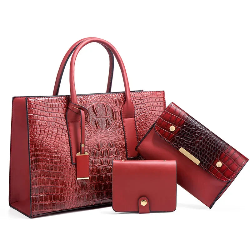 Elegante set di borse con stampa coccodrillo, portafoglio e pochette