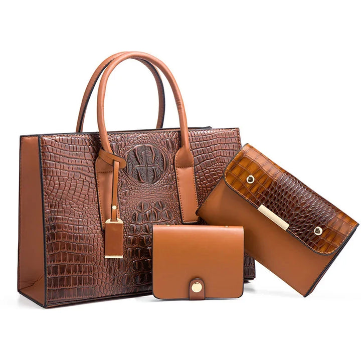 Elegante set di borse con stampa coccodrillo, portafoglio e pochette