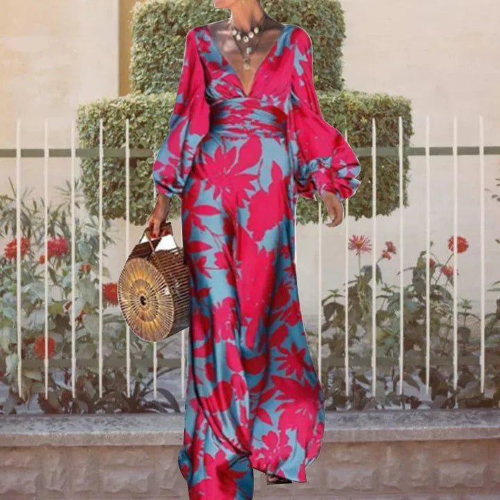 Elegante abito lungo con scollo a V e vita alta