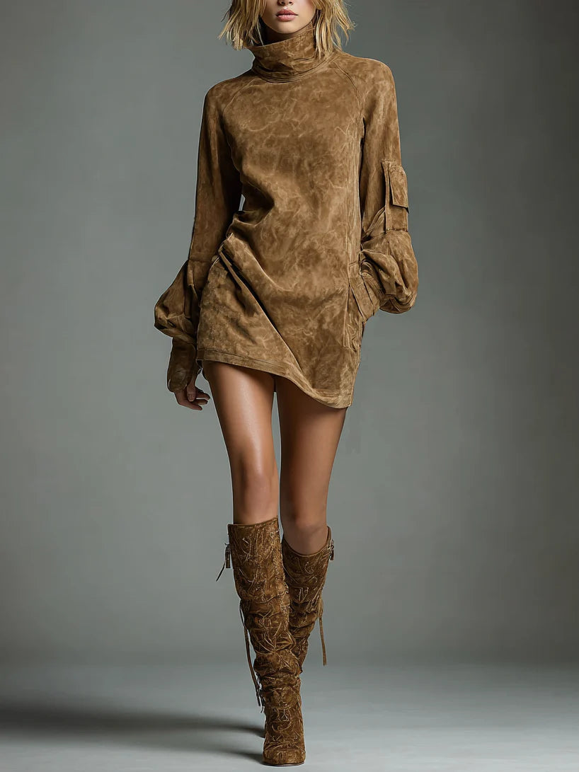 Livia ❘ Abito mini oversize in camoscio con collo alto