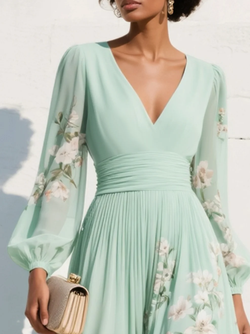 Lucija - Light Green Midi Chiffon Dress with Floral Pleats