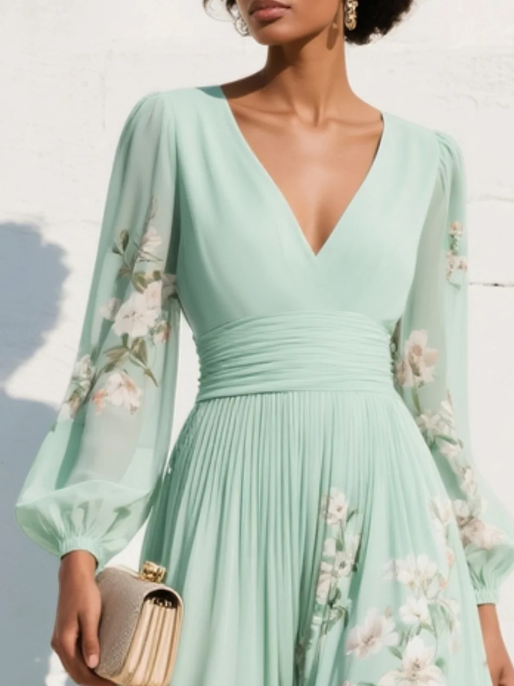 Lucija - Light Green Midi Chiffon Dress with Floral Pleats