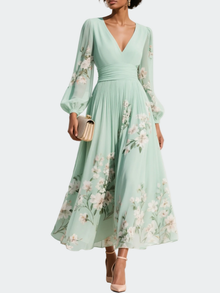 Lucija - Light Green Midi Chiffon Dress with Floral Pleats