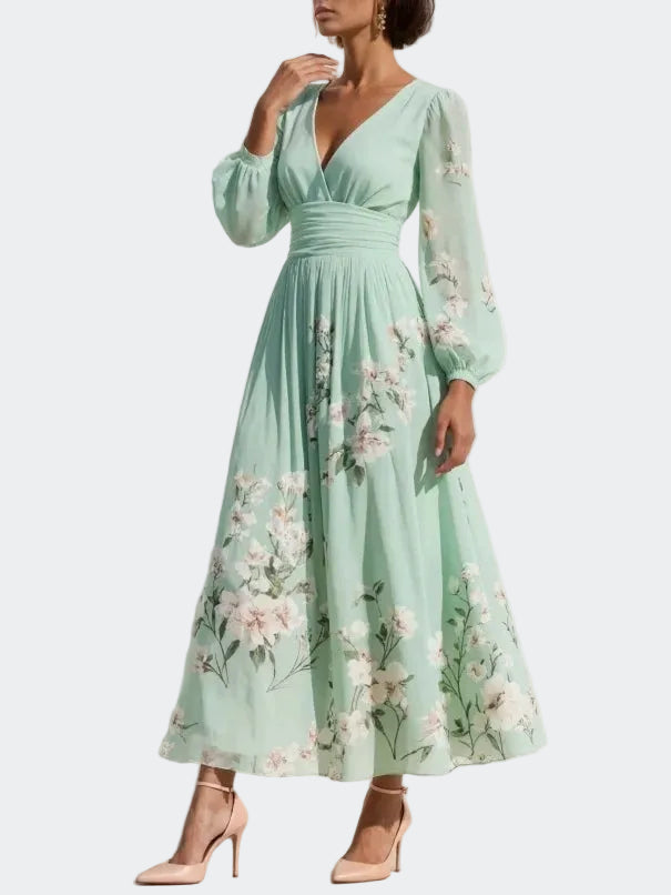Lucija - Light Green Midi Chiffon Dress with Floral Pleats
