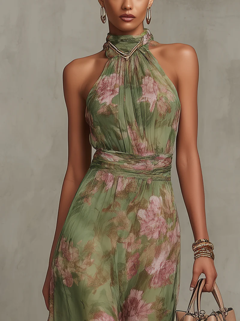 Livia - Elegant Maxi Halter Dress in Flowers