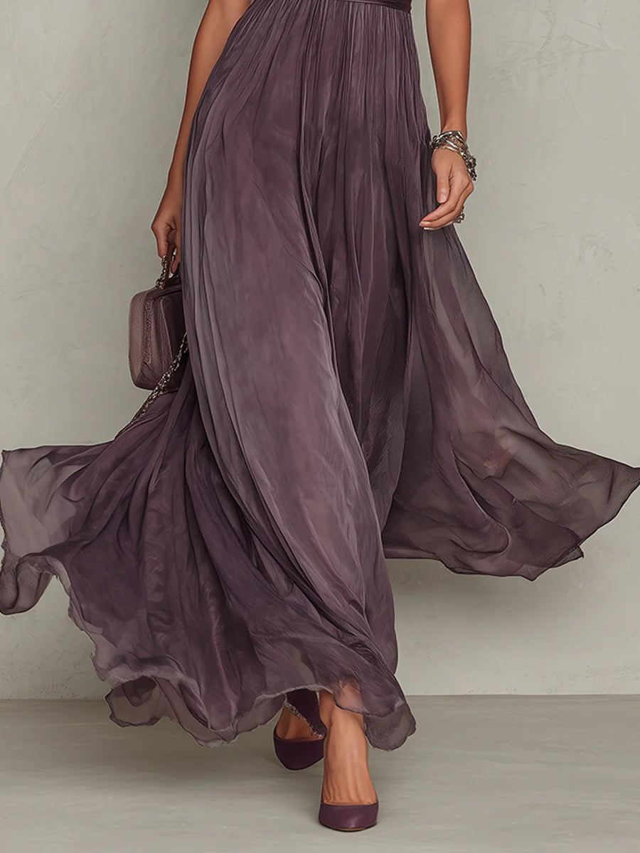 Flavia | Vestito lungo viola con scollo a goccia, bordo in pizzo di chiffon