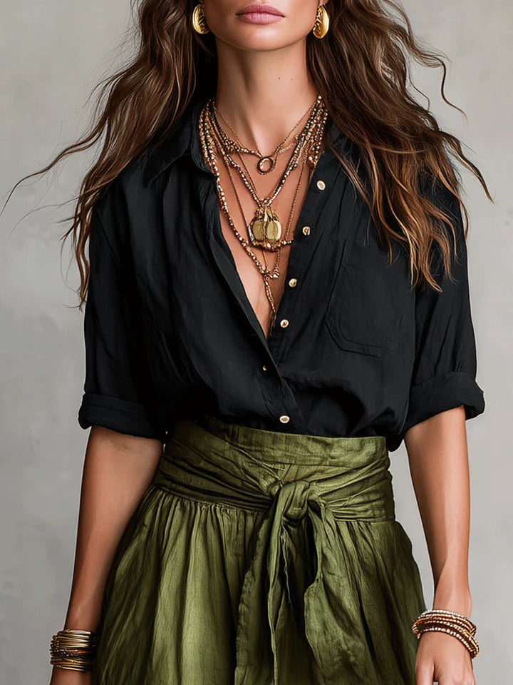 Vera – Completo due pezzi: top nero e gonna midi verde oliva