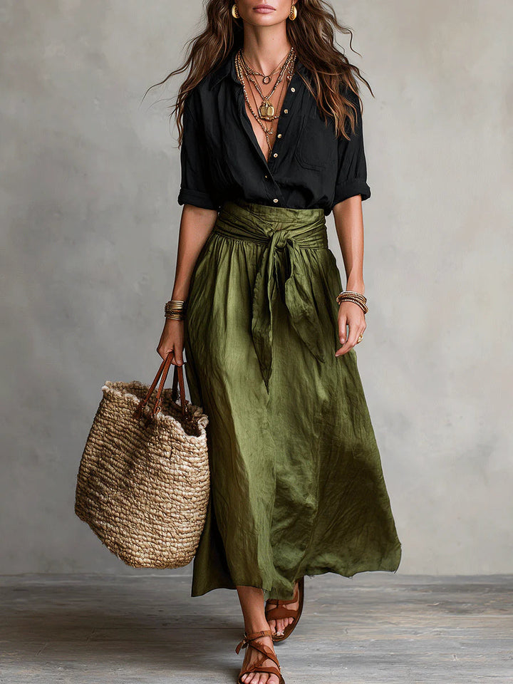 Vera – Completo due pezzi: top nero e gonna midi verde oliva
