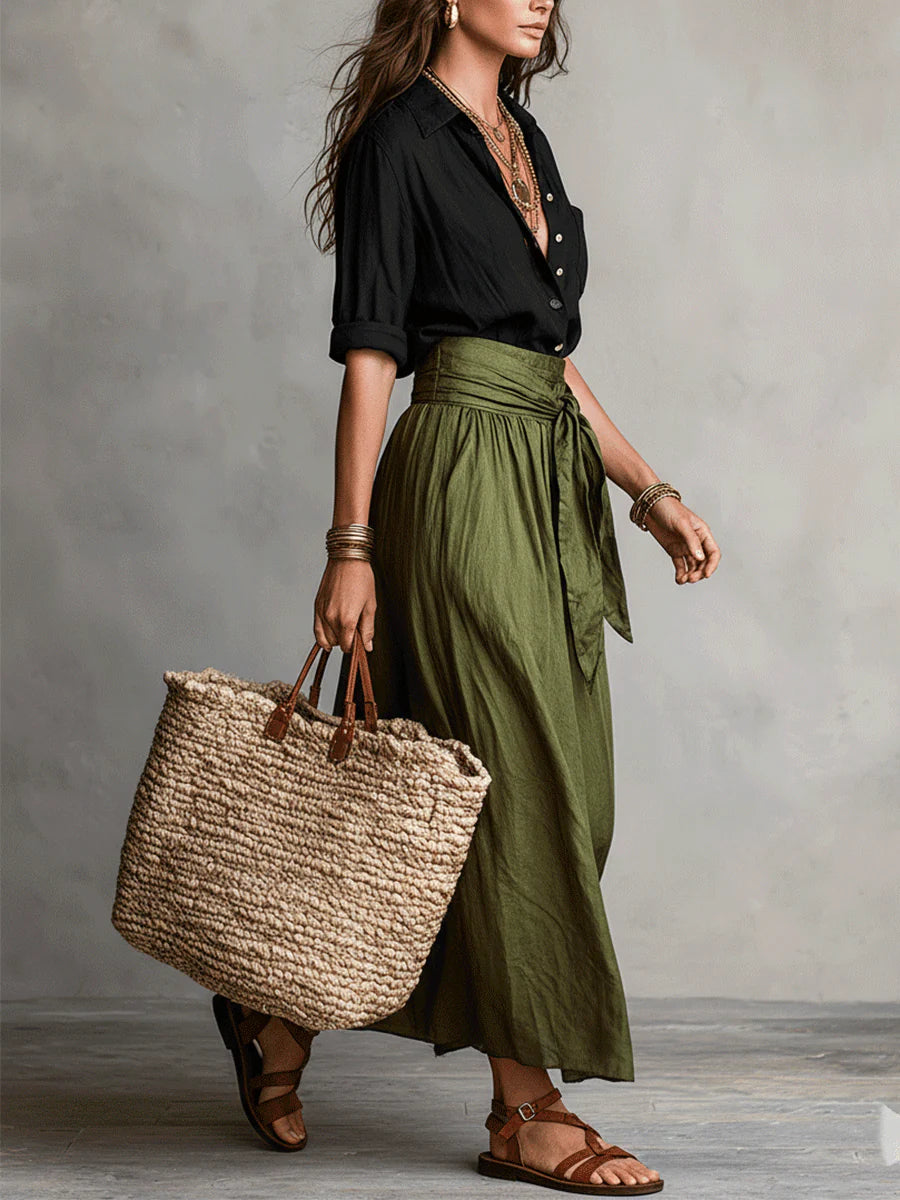 Vera – Completo due pezzi: top nero e gonna midi verde oliva