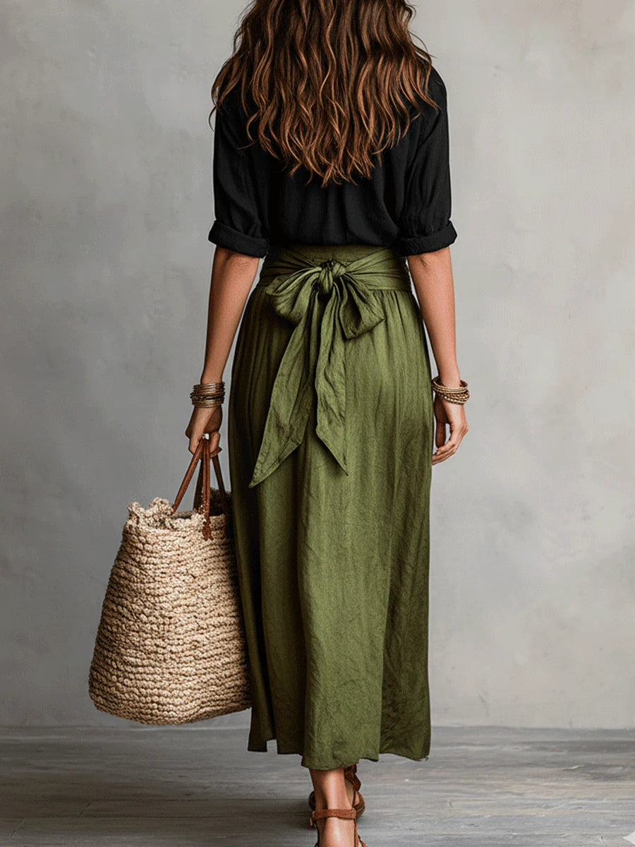 Vera – Completo due pezzi: top nero e gonna midi verde oliva
