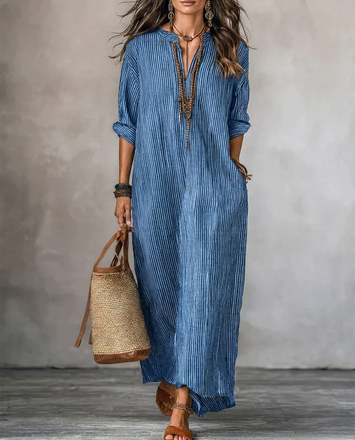 HAVEN | Maxi abito a maniche lunghe con scollo a V, stile a righe e tasche laterali