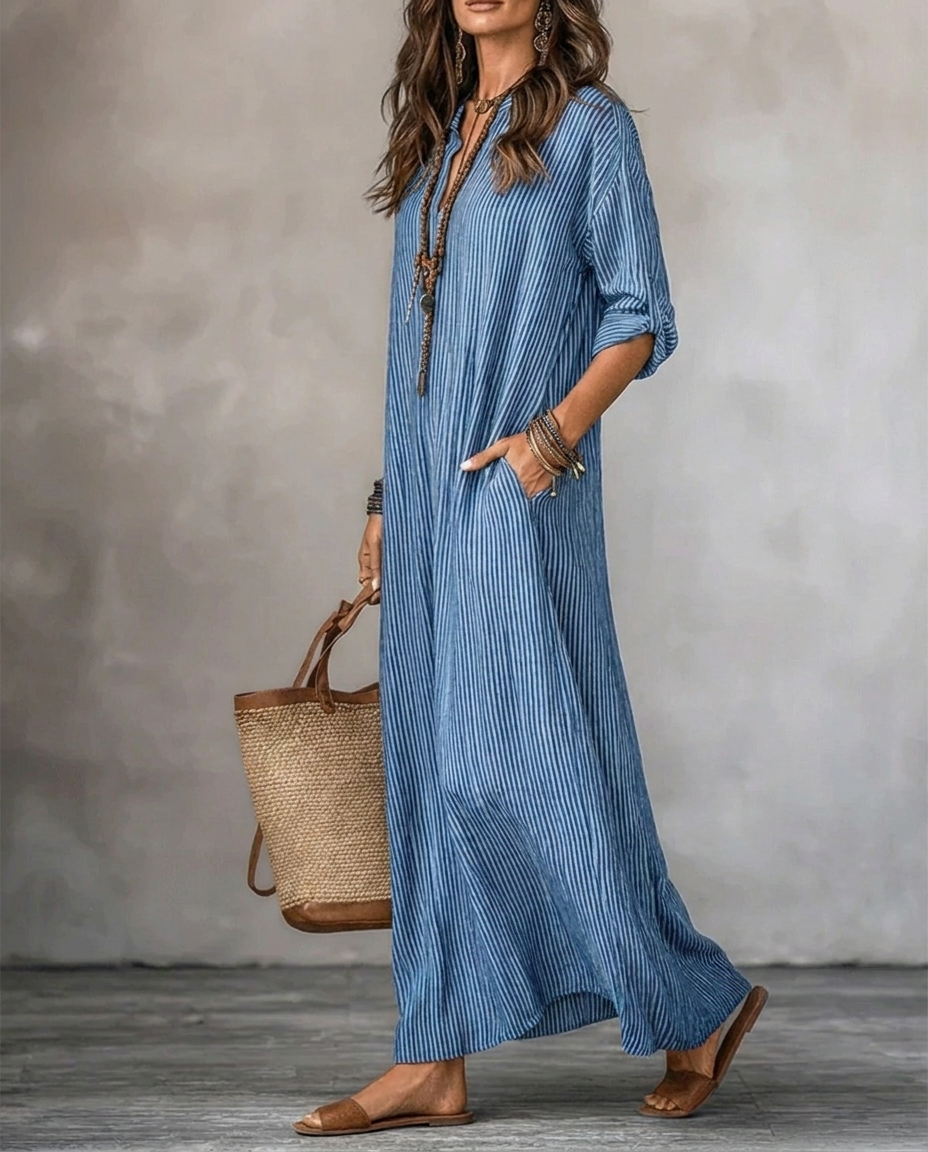 HAVEN | Maxi abito a maniche lunghe con scollo a V, stile a righe e tasche laterali