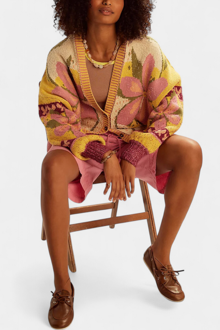 Cardigan in maglia con motivo floreale Casey e vestibilità ampia