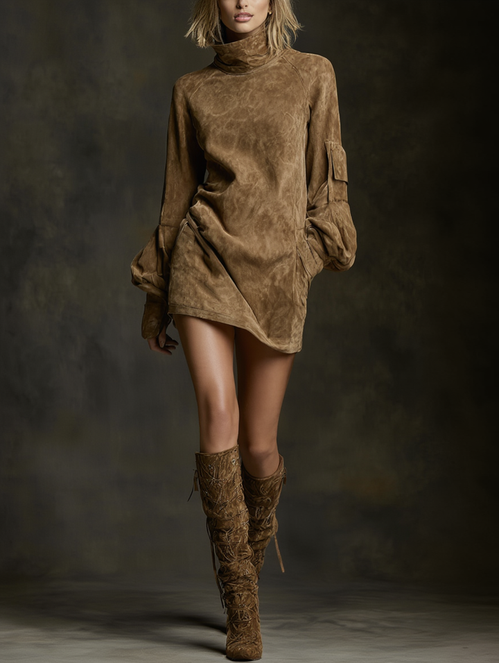 Livia ❘ Abito mini oversize in camoscio con collo alto