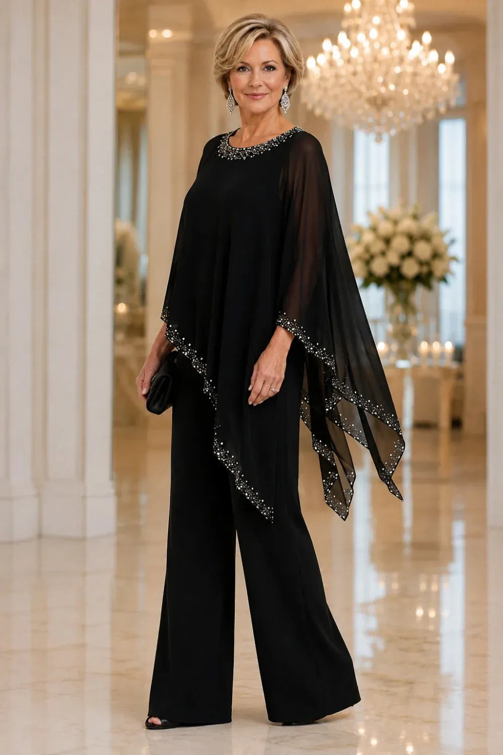 Completo elegante con pantaloni a gamba larga e mantella in chiffon con perline