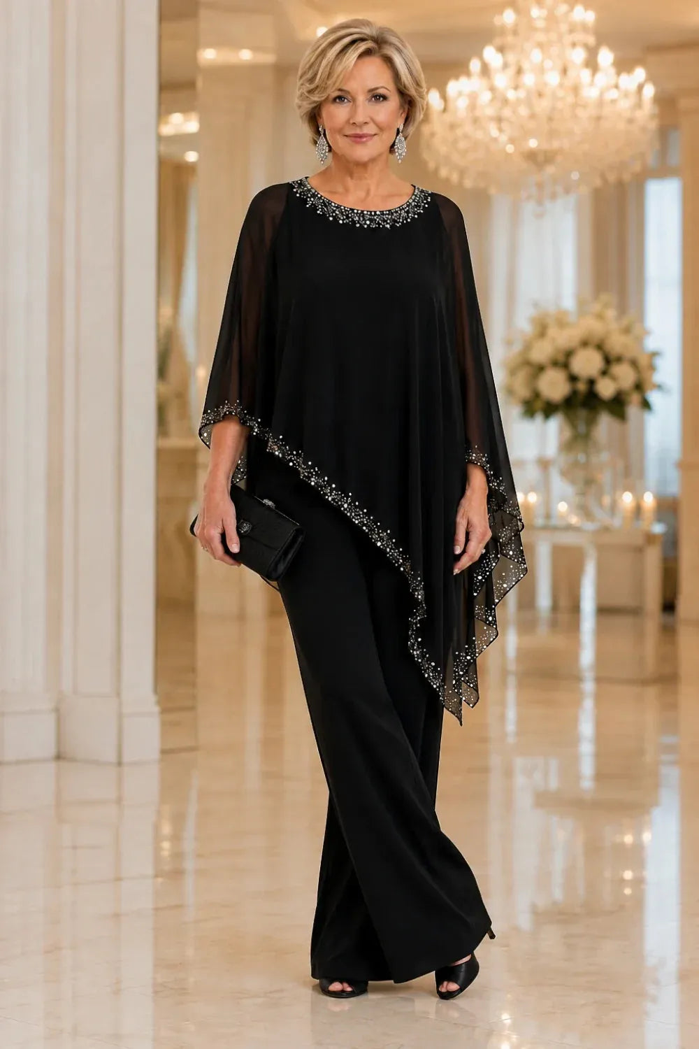 Completo elegante con pantaloni a gamba larga e mantella in chiffon con perline