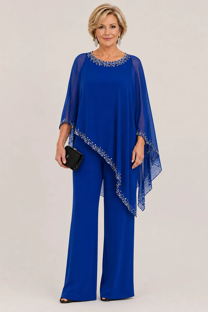 Completo elegante con pantaloni a gamba larga e mantella in chiffon con perline