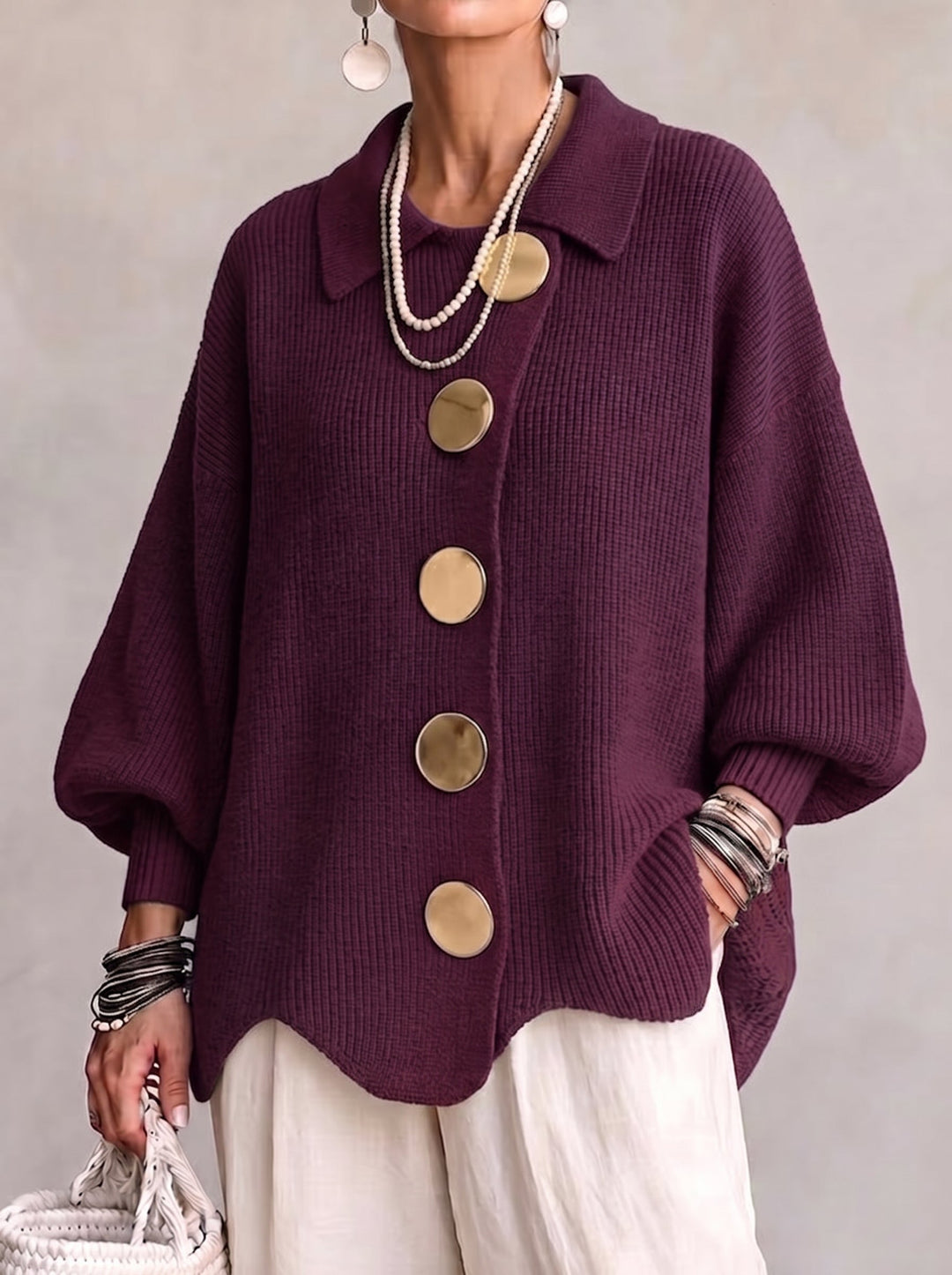Elvinia™ | Cardigan oversize con colletto e grandi bottoni in metallo