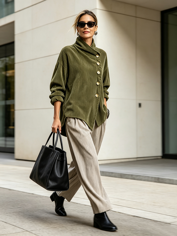 AVERY | Top Button-Up in Corduroy con Collo Avvolgente per Donna