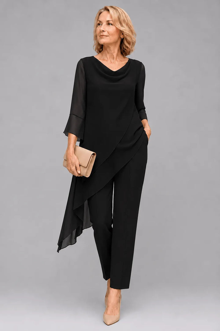 Completo pantalone per invitate a nozze in chiffon fluido