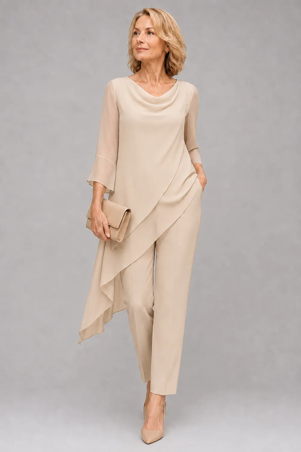 Completo pantalone per invitate a nozze in chiffon fluido