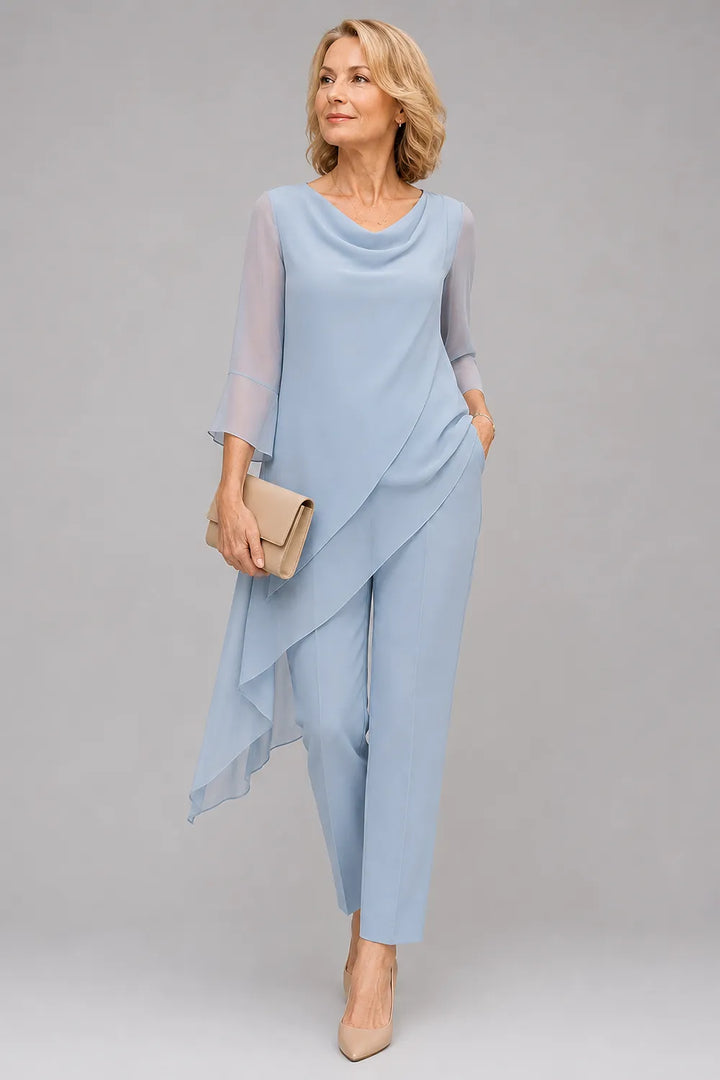 Completo pantalone per invitate a nozze in chiffon fluido