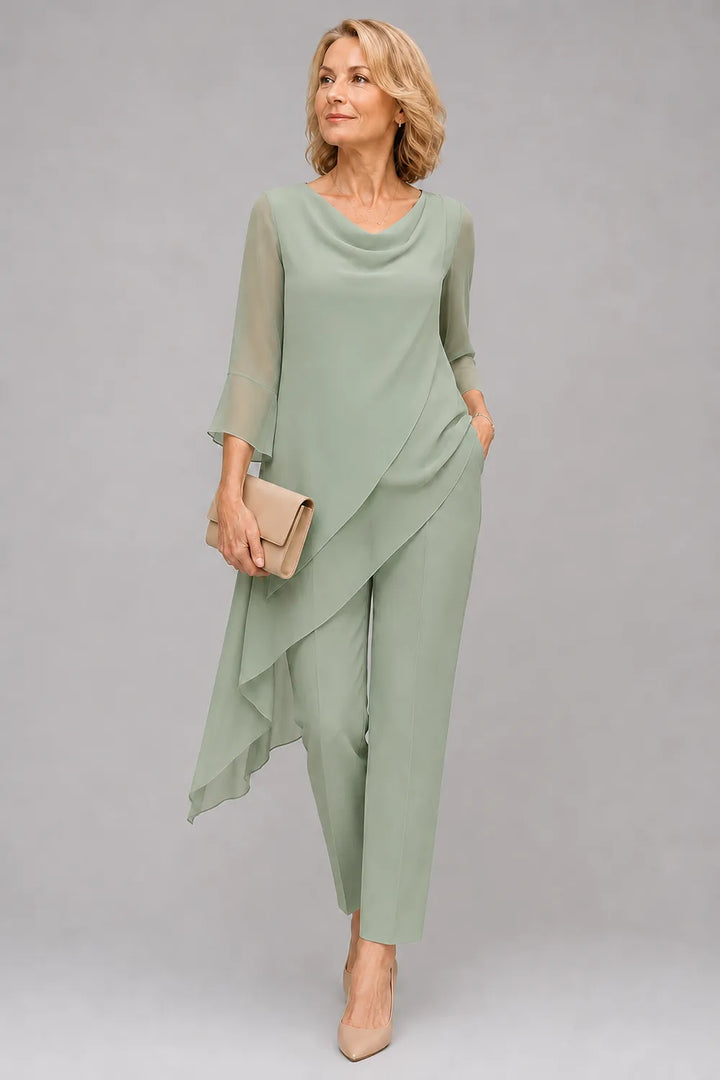 Completo pantalone per invitate a nozze in chiffon fluido