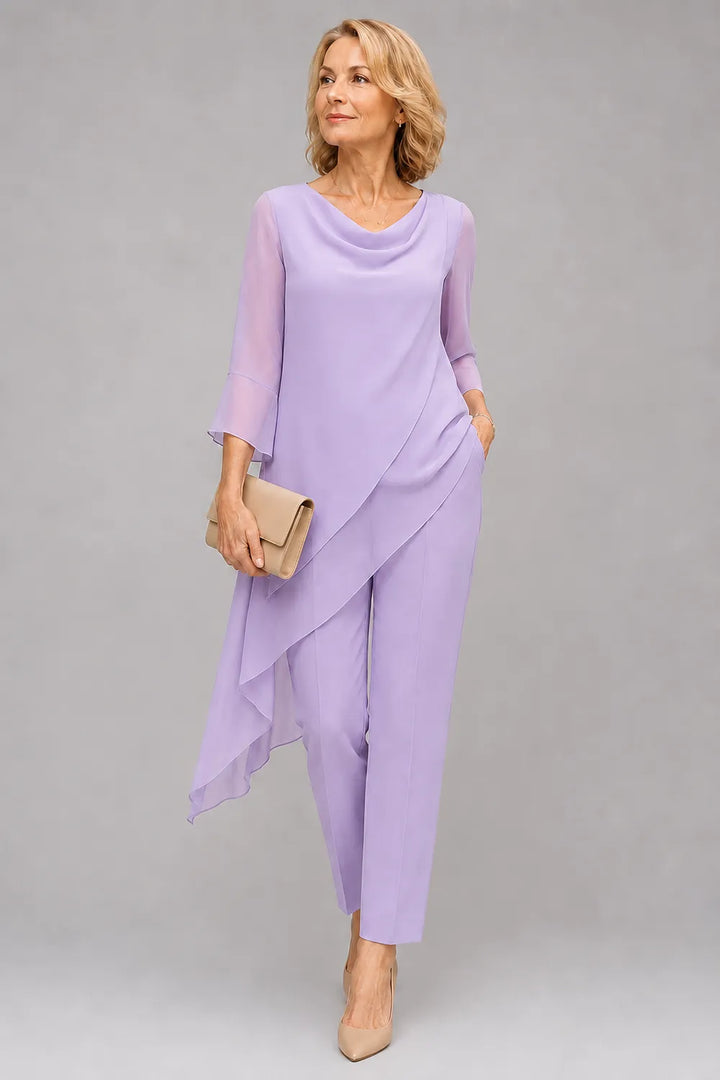 Completo pantalone per invitate a nozze in chiffon fluido