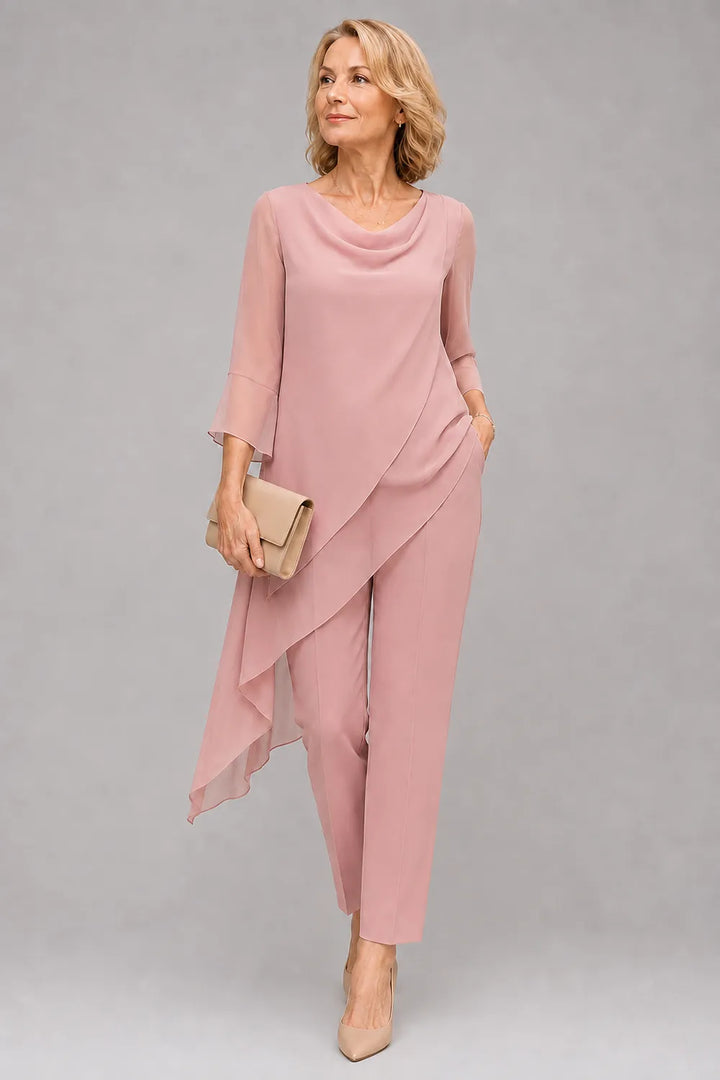 Completo pantalone per invitate a nozze in chiffon fluido