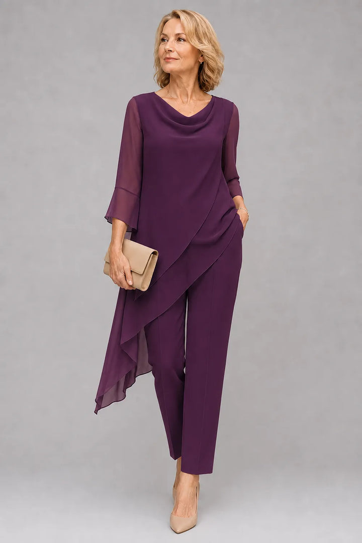 Completo pantalone per invitate a nozze in chiffon fluido