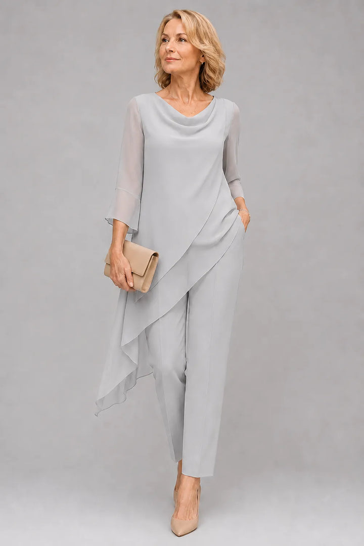 Completo pantalone per invitate a nozze in chiffon fluido