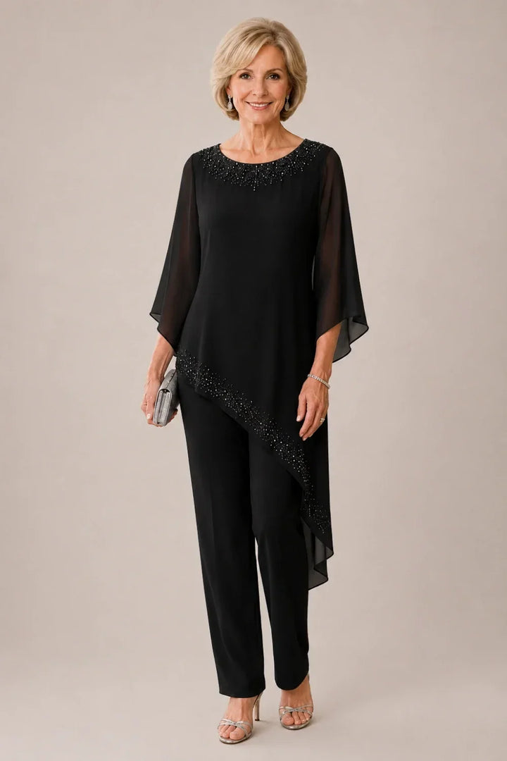 Completo pantalone da cerimonia per madre della sposa in chiffon con perline
