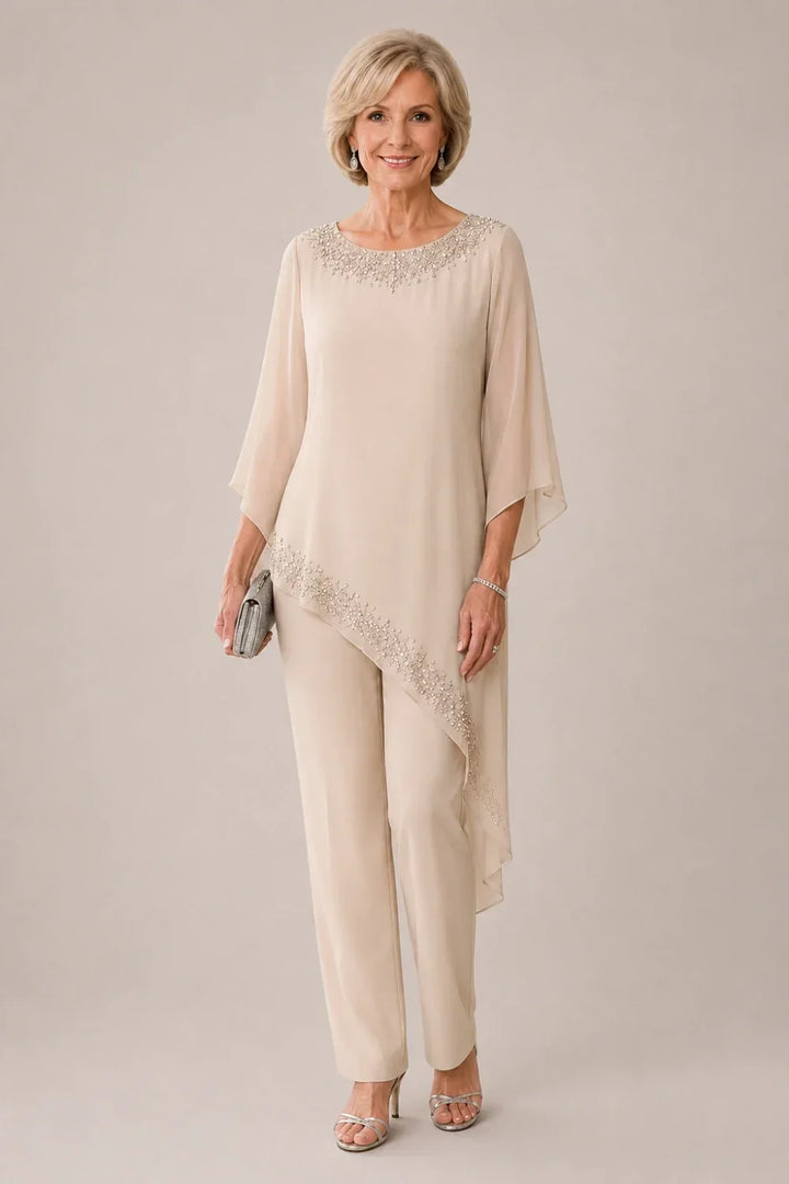 Completo pantalone da cerimonia per madre della sposa in chiffon con perline