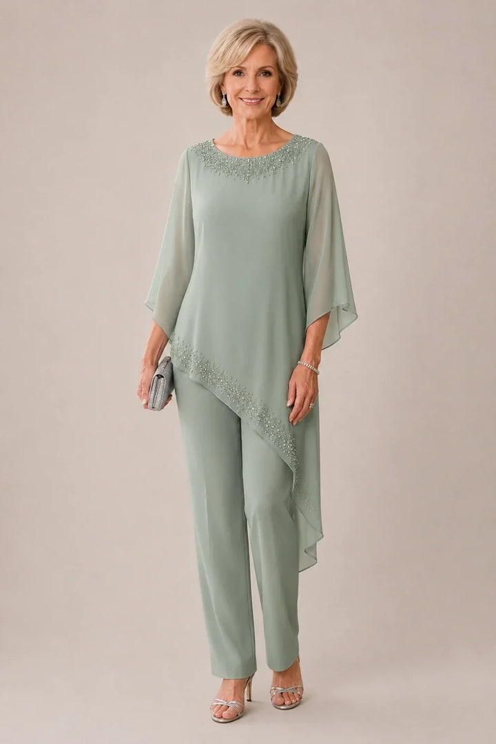 Completo pantalone da cerimonia per madre della sposa in chiffon con perline