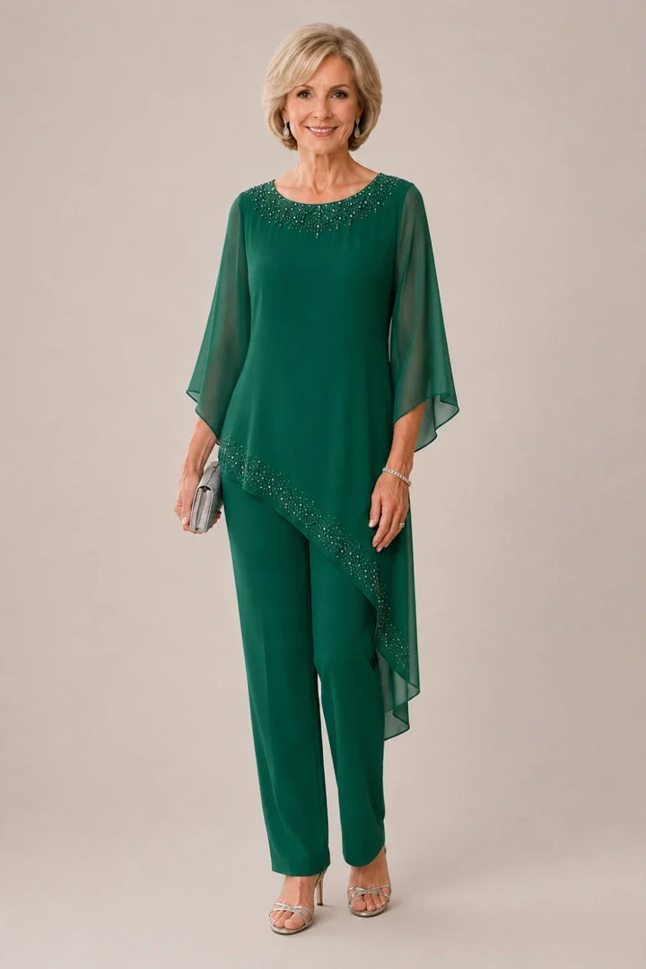 Completo pantalone da cerimonia per madre della sposa in chiffon con perline