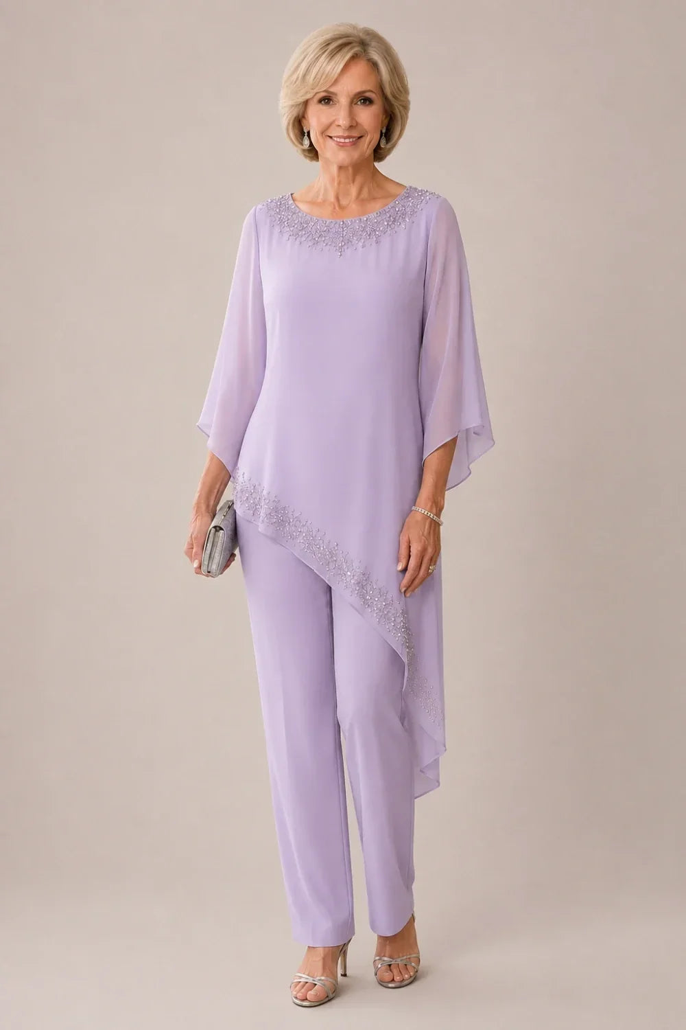 Completo pantalone da cerimonia per madre della sposa in chiffon con perline